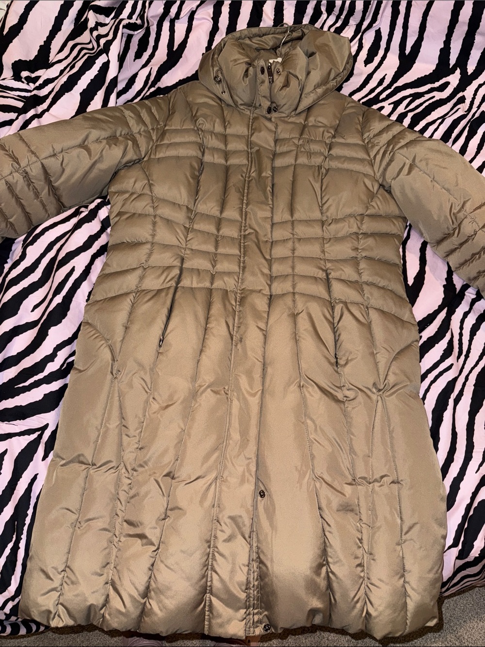 Calvin Klein Dark Tan Long Down Coat with Hood